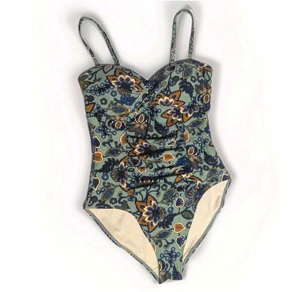 Tahiti Swimsuit Blue Green Paisley Floral One Piece Ruched Tummy Control Size M - Picture 1 of 6